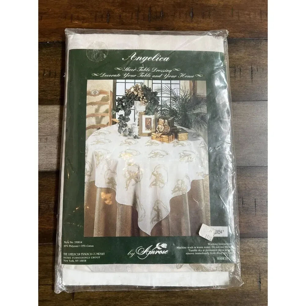 Vintage Sheer Gold Angels Tablecloth Amrose Angelica 60x84 made USA